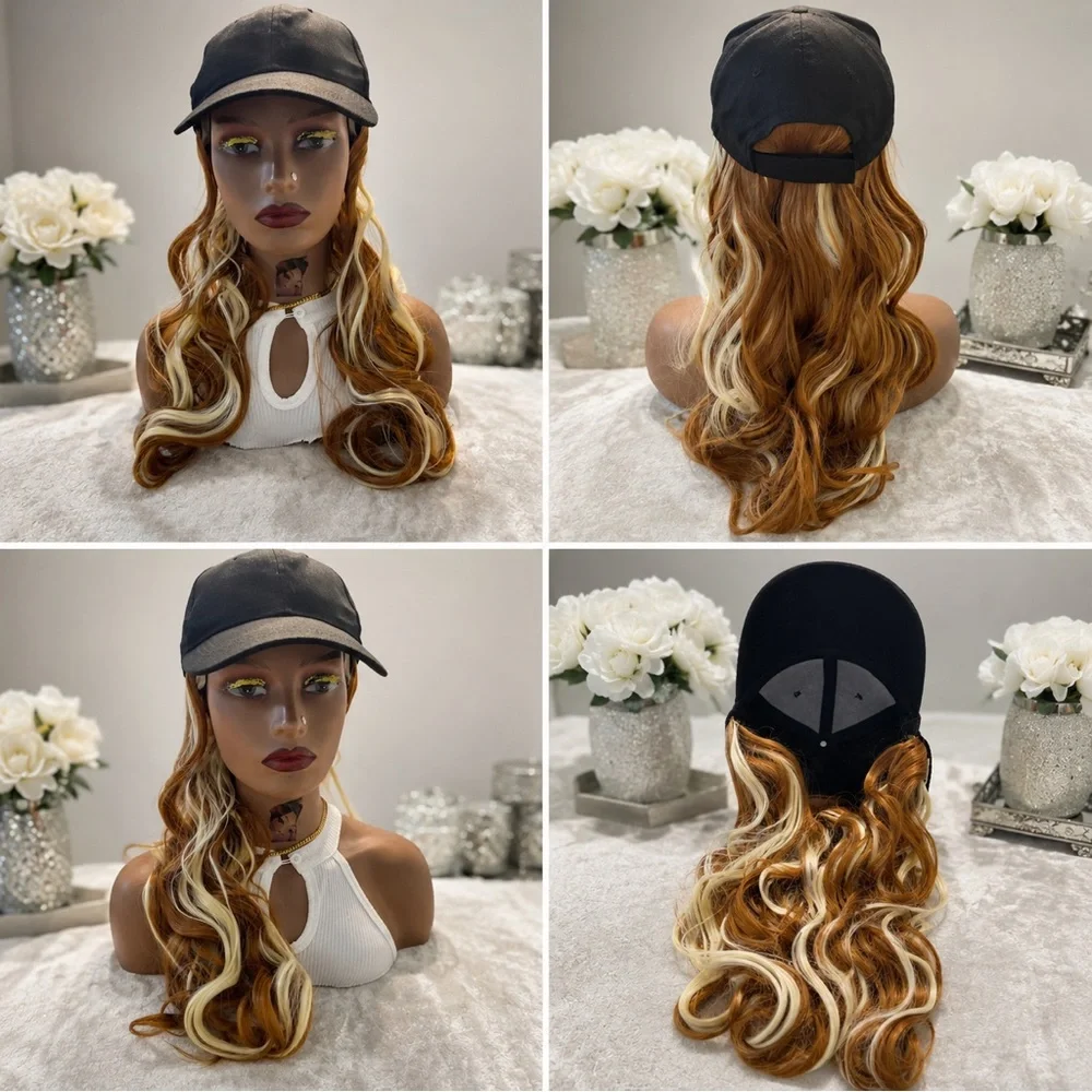 Long hundred percent Synthetic Wig Hat Cap – Copper Brown & Blonde Highlights